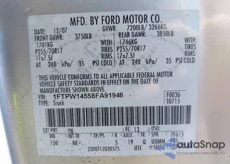 2008 Ford F-150 60Th Anniversary/Fx4/King Ranch/Lariat/Limited/Xlt z USA, uszkodzony, nr VIN 1FTPW14558FA91946
